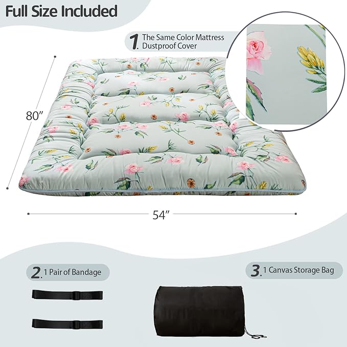 MAXYOYO Japanese Futon Mattress Floor Mattress Sleeping Pad Foldable Bed Roll Up Camping Cushion Floor Lounger Bed Couches and Sofas Couch Topper, Green Floral, Full Size