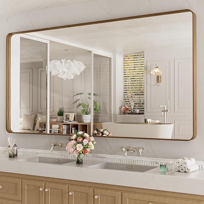 LOAAO 72X32 Inch Bathroom Mirror with Wood Grain Colored Metal Frame, Rounded Rectangle Metal Framed Bathroom Mirror, Anti-Rust, Hangs Horizontally or Vertically, Tempered Glass
