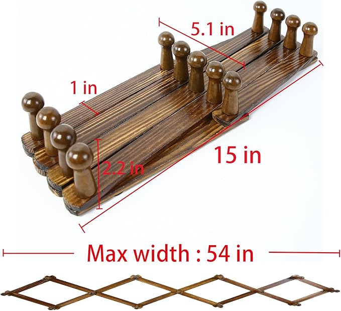 AMAPON Accordion Style Expandable Wall Wooden Coat Rack 13 Hooks (Pegs) Hang Hats Jackets Coffee Mug Purses Necklaces Towels Cap Leash Scarves Data Line Kitchenware (Walnut)