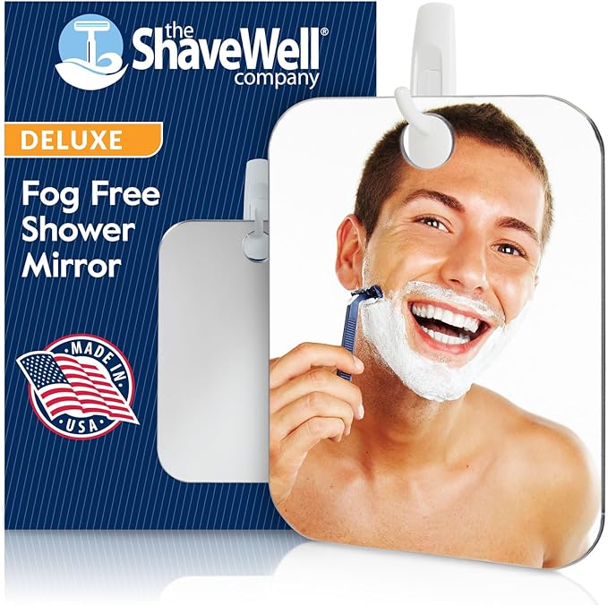 Shave Well Deluxe Anti-Fog Shaving Mirror | Fogless Hanging Bathroom Shower Mirror with Handheld Option for Men and Women | Includes Long-Lasting Removable Adhesive Hook for Wall