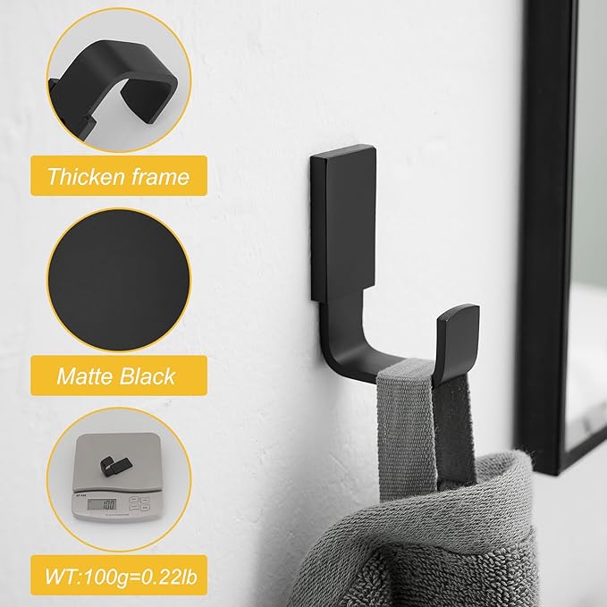 BESy Brass Clothes Hook Single Towel Hook for Bathroom Kitchen Garage Square Style Robe Hooks Coat Hooks Hat Hook, Self Adhesive with Glue or Wall Mounted with Screws, Four Packs, Matte Black