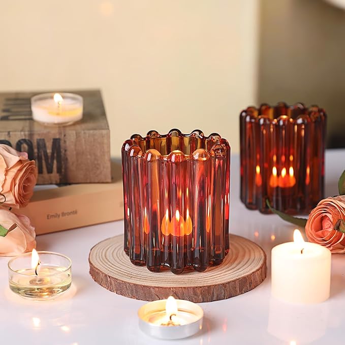 6pcs Votive Candle Holder, Amber Glass Vintage Candle Holders, Tealight Candle Holder for Boho Fall Wedding Centerpieces Dinner Party Table Decor