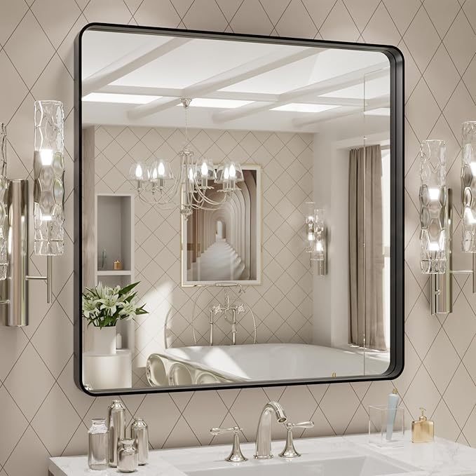 LOAAO 30x30 Inch Black Metal Framed Bathroom Mirror for Wall, Matte Black Bathroom Vanity Mirror Farmhouse, Large Rounded Rectangle Mirror, Anti-Rust, Hangs Horizontally or Vertically