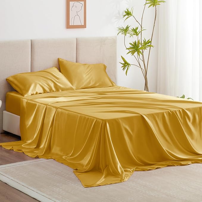 Love's cabin Satin King Sheet Sets - 4 Piece Gold Silky Sheets King Size Bed with Deep Pocket, Luxury Silk Feel King Size Satin Sheet Set (1 Flat Sheet,1 Fitted Sheet,2 Pillow Cases)