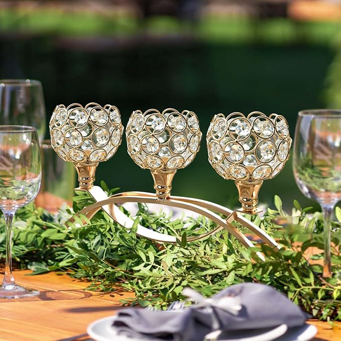 Crystal Tealight Candle Holder Centerpiece Home Decorative Candlestick Holder Elegant Table Centerpiece Home Decor Wedding Party Anniversary (Gold, 3 Arm of 4 Pcs)