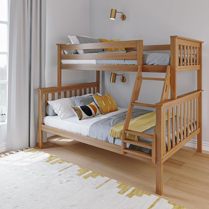 Max & Lily Bunk Bed Twin Over Full Size with Ladder, Solid Wood Platform Bed Frame with Ladder for Kids, 14" Safety Guardrails, Easy Assembly, No Box Spring Needed, Pecan