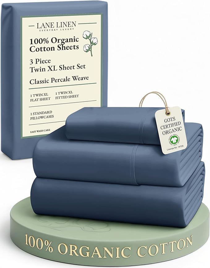 LANE LINEN 100% Organic Cotton Eco Friendly Fully Elasticized Twin XL Sheet Set, Low Pilling Fade Resistant Machine Washable Extra Long Twin Bedding Set, Soft & Comfy Cotton Sheets-Estate Blue