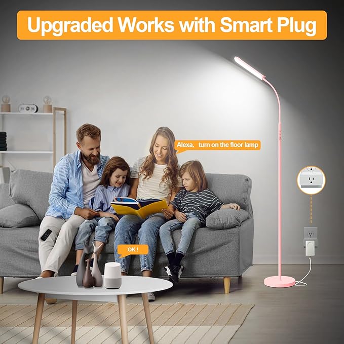 Pink LED Floor Lamp, 18W 1800LM Bright Floor Lamp with Remote & Works with Smart Plug, Dimmable Timing Eye Caring Reading Light Modern Standing Floor Lamps for Living Room Bedroom Office
