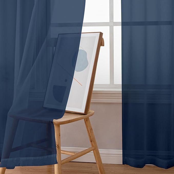 Chyhomenyc Sheer Navy Blue Curtains 90 inches Long 2 Panels, Light Filtering Soft Airy Solid Elegant Voile Window Treatment Drapes for Bedroom Living Room Wedding Party Decor, 42 Wx90 L Inches
