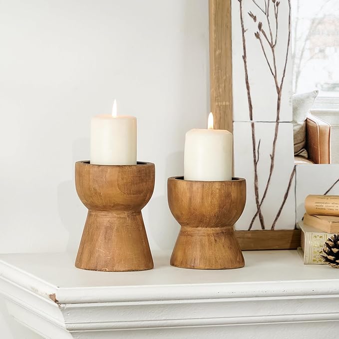 NIKKY HOME Farmhouse Wooden Candle Holders Set of 2, Rusitc Solid Wood Pillar Candlesticks Pedestal, Fireplace Mantle Table Centerpiece Decor, Brown
