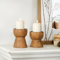 NIKKY HOME Farmhouse Wooden Candle Holders Set of 2, Rusitc Solid Wood Pillar Candlesticks Pedestal, Fireplace Mantle Table Centerpiece Decor, Brown