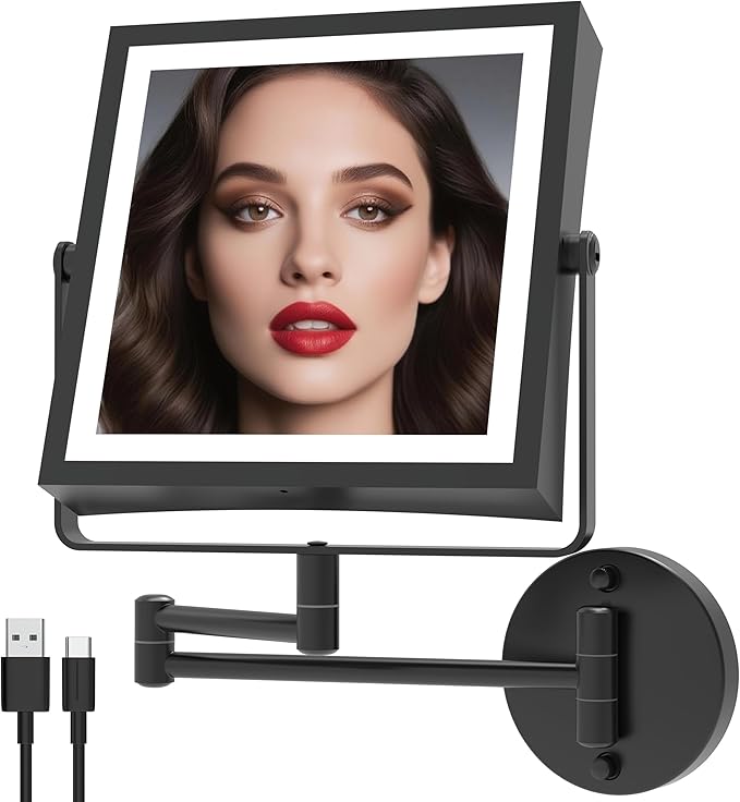 Rechargeable Wall Mounted Makeup Mirror with Lights, 4000mAh Double Sided 1X/10X Magnifying Vanity Mirror with 3 Color Lights, Touch Dimmable, 360° Extension Foldable Arm (Matte Black)