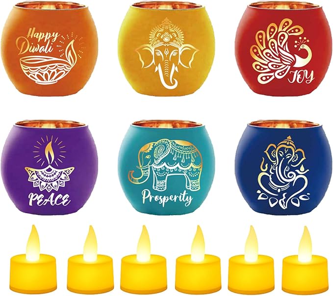 VIHOSE 6 Set Diwali Tealight Candle Holders Diwali Decorations for Home Glass Tea Light LED Battery Operated Candles Flameless Lights for Indian Table Centerpiece Party Decor Gifts