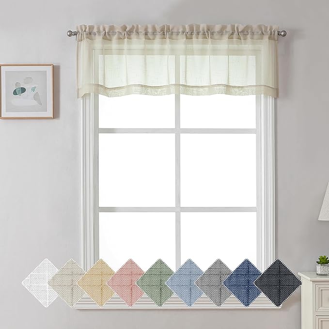 Aiyufeng Kirei Faux Linen Sheer Valance Curtain for Kitchen 14 Inch Length, Lightweight Soft Textured Valance for Farmhouse Bathroom Living Room Bedroom Toppers Windows, 60X14 Inch, 1 Piece, Linen