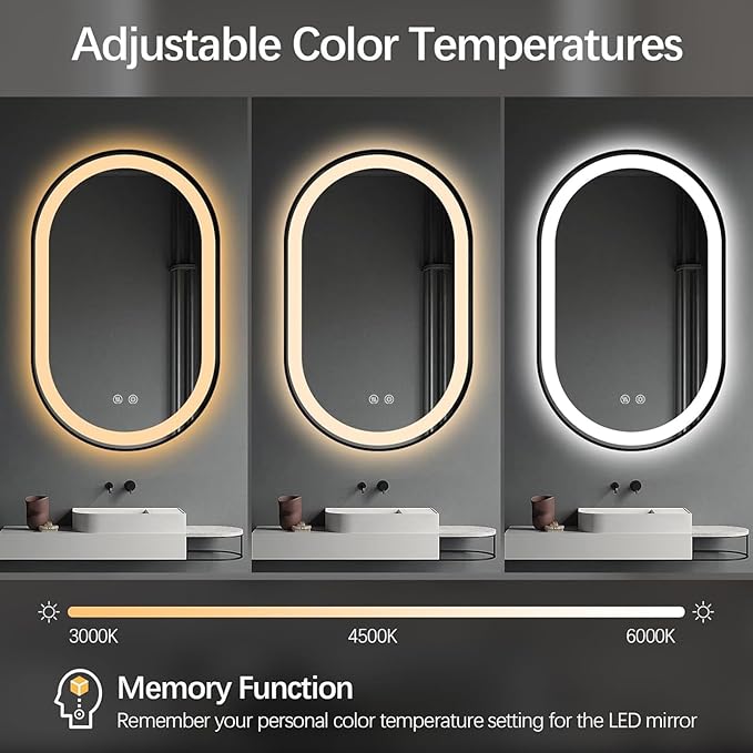 Niccy Oval LED Mirror for Bathroom, 36x24 Front Lit + Backlit Vanity Mirrors with Light Anti-Fog, Shatter-Proof, 3 Colors, Makeup Mirror with Black Frame (Horizontal/Vertical)