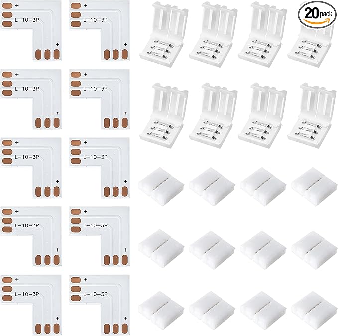 JACKYLED 30 Pcs 3-Pin LED Connectors, 10mm L Shape LED Strip Connectors Unwired Solderless Gapless Adapter Connectors Terminal Extension 12V 72W for WS2811 WS2812B SK6812 LED Strip -10 Packs