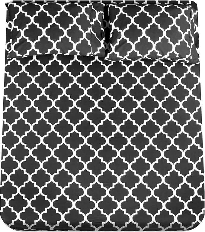 Mejoroom King Bed Sheet Set - Super Soft Brushed Microfiber 1800 Thread Count Sheets with 15 inch Deep Pocket - Wrinkle Free - 4 Piece(King, Black Quatrefoil with White Pattern)