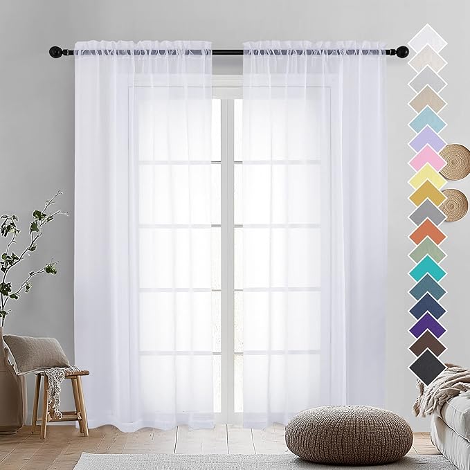 OVZME 2 Panels Sheer White Curtains 72 Inches Length Window Treatment for Kitchen, Elegant Airy Transparent Curtain Draperies Rod Pocket for Kids Living Room, Each 42 Width 72 Length
