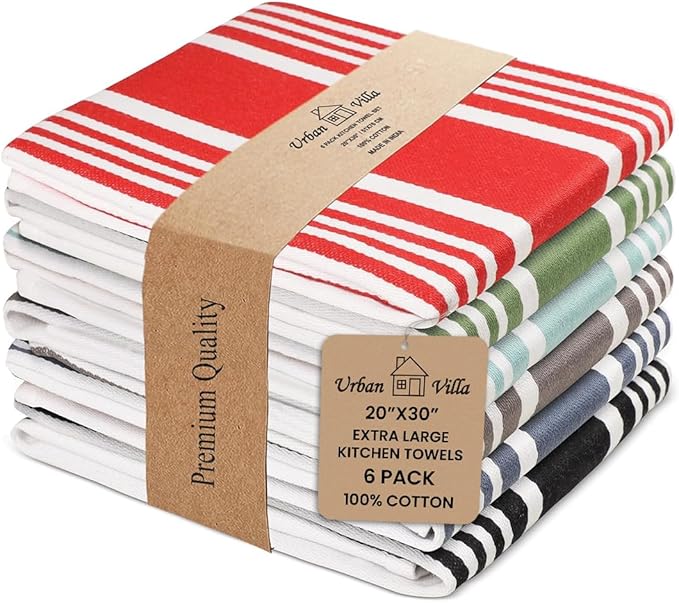 Urban Villa KitchenTowels 100% Cotton Pack of 6 Highly Absorbent Quick Drying Super Soft Premium Dish Towels for Kitchen with Hanging Loop Hand & Tea Towels - 20x30 Inch (Multi Color Striped)