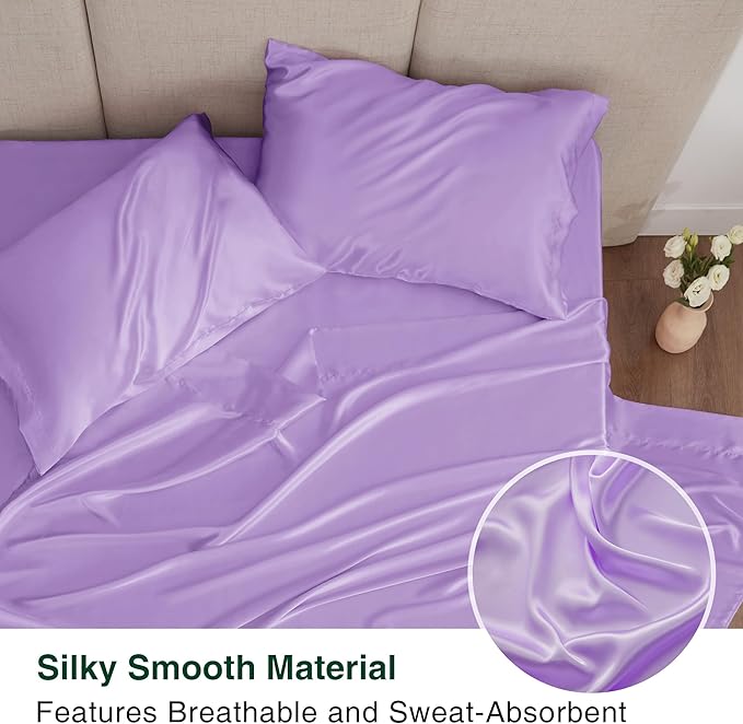 Love's cabin Twin Satin Sheets Sets - 3 Piece Lavender Silky Bed Sheets with Deep Pockets, Luxury Silk Feel Satin Twin Size Sheet Set Bedding Set (1 Flat Sheet,1 Fitted Sheet,1 Pillow case)