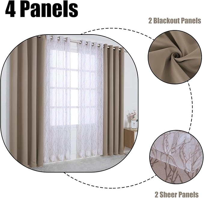 BONZER Mix and Match Curtains - 2 Pieces Branch Print Sheer Curtains and 2 Pieces Blackout Curtains for Bedroom Living Room Grommet Window Drapes, 54x63 Inch/Panel, Taupe, Set of 4 Panels