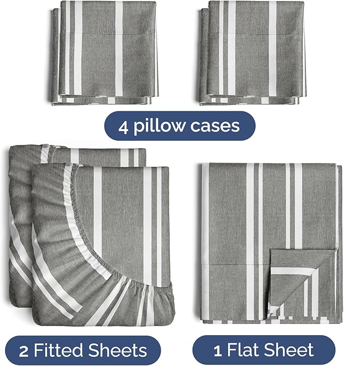 Split King 7 Piece Sheet Set - Comfy Breathable & Cooling - Soft Hotel Luxury Bedding Set w/ 8-16 Inch Deep Pockets - 1 Flat & 2 Fitted Sheet & 4 Pillowcases - Cozy and Wrinkle Free - Grey Stripes 3