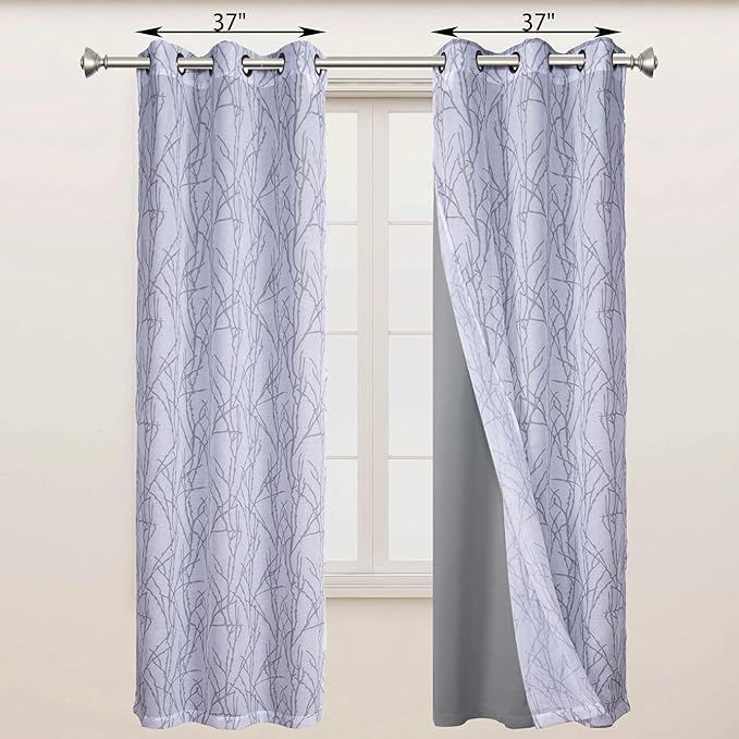 BONZER Mix and Match Curtains - 2 Pieces Branch Print Sheer Curtains and 2 Pieces Blackout Curtains for Bedroom Living Room Grommet Window Drapes, 37x84 Inch/Panel, Light Grey, Set of 4 Panels