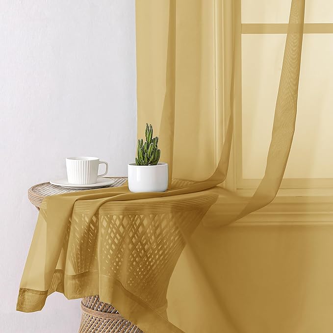 Aiyufeng Gold Sheer Curtain 96 Inches Long 2 Panels Set, Light Filtering Gold Window Curtain Drapes Treatment for Kitchen, Bedroom,Children Room, Dual Rod Pocket, 2 Pack of 42 x 96"