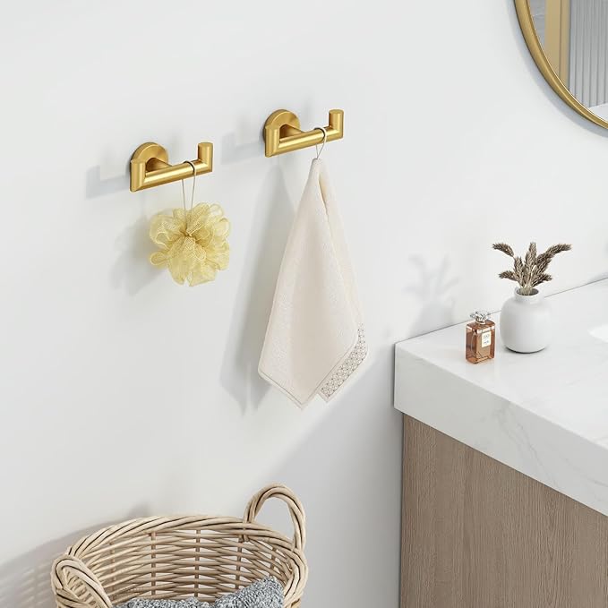 Angle Simple Towel Double Hook Brushed Gold 2 PCS, SUS304 Stainless Steel Bathroom Hand Towel Holder, Double Robe Hook, Wall Mount