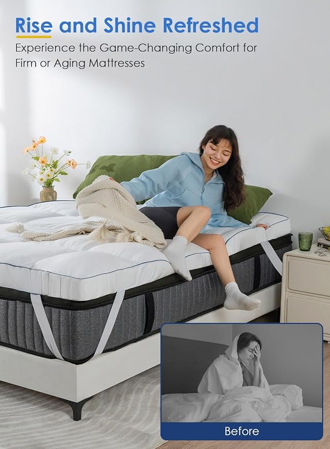 QUEEN ROSE Mattress Topper Twin Size, Pillow Top Extra Thick Mattress Pad, Soft Baffle Box Overfilled Down Alternative for Back Pain, 4 Corner Straps, White