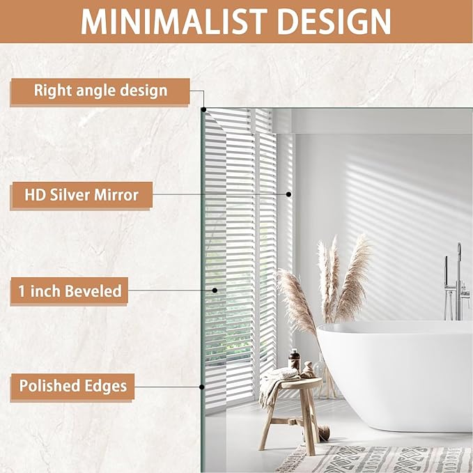 Frameless Mirror for Bathroom Vanity,12x24in Wall Mounted Mirrors for Over Sink Decorative Rectangular Frameless Mirror,With Polished Edge,Hangs Horizontally Or Vertically,Entryways,Room,Shatterproof