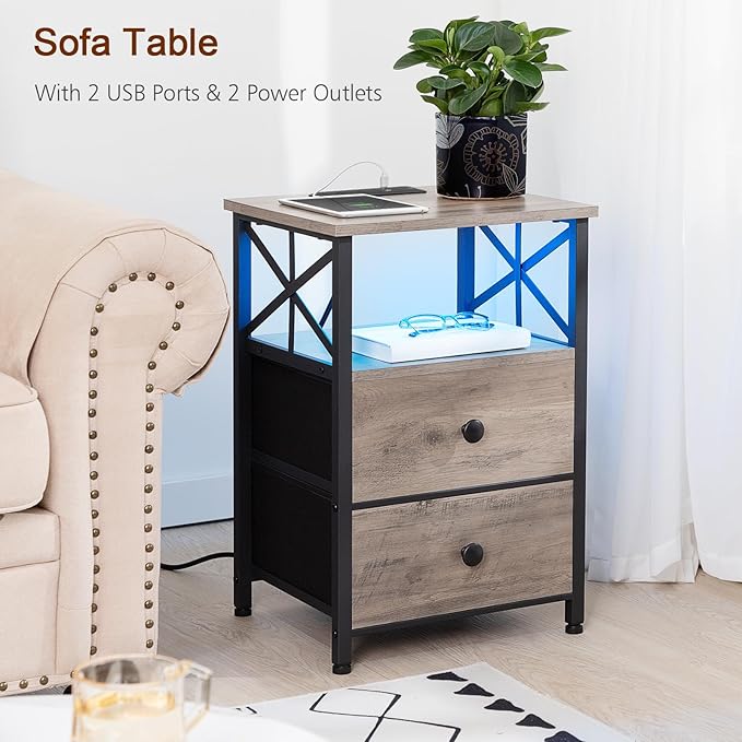 AMHANCIBLE Night Stand Set 2, LED Nightstand with Charging Station, End Tables Living Room with Fabric Drawers, Bedside Table for Bedroom, Greige, HET052LGY
