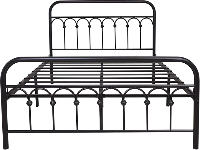 TUSEER Metal Bed Frame Full Size with Vintage Headboard and Footboard Platform Base Wrought Iron (Black)