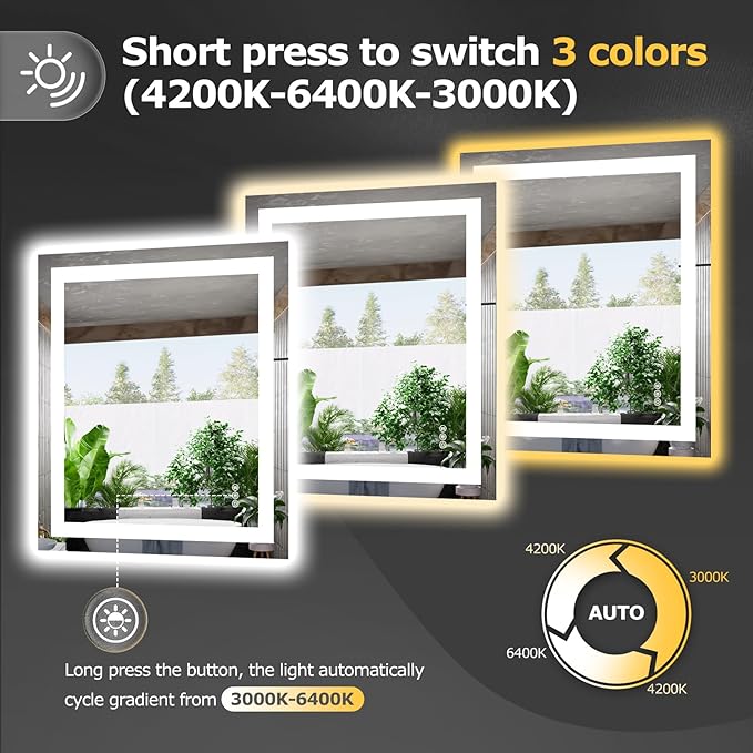LED Bathroom Mirror with Lights 28x32 Wall Vanity LED Mirror Stepless Dimmable,Double Front and Backlight,Anti-Fog,Memory Smart Mirror for Bathroom