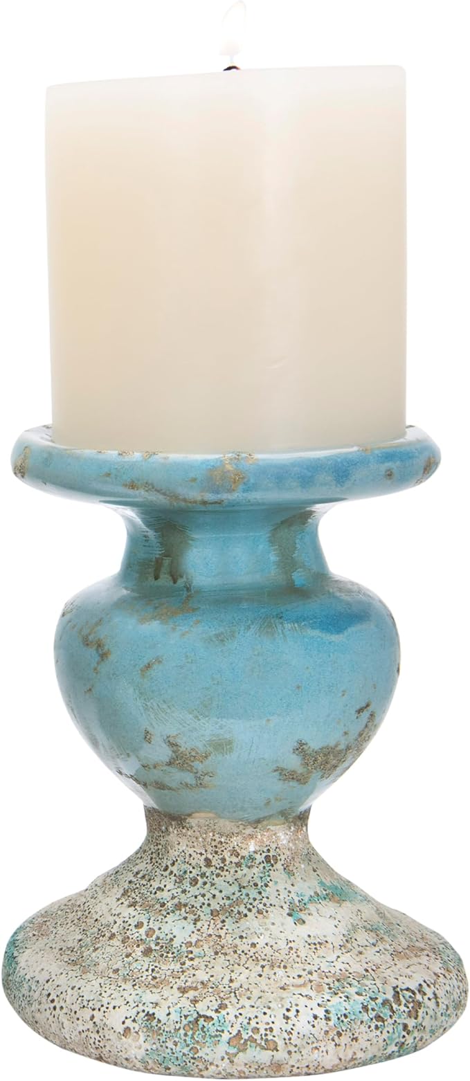 Creative Co-Op Large Distressed Blue Terracotta Pillar Candle Holder