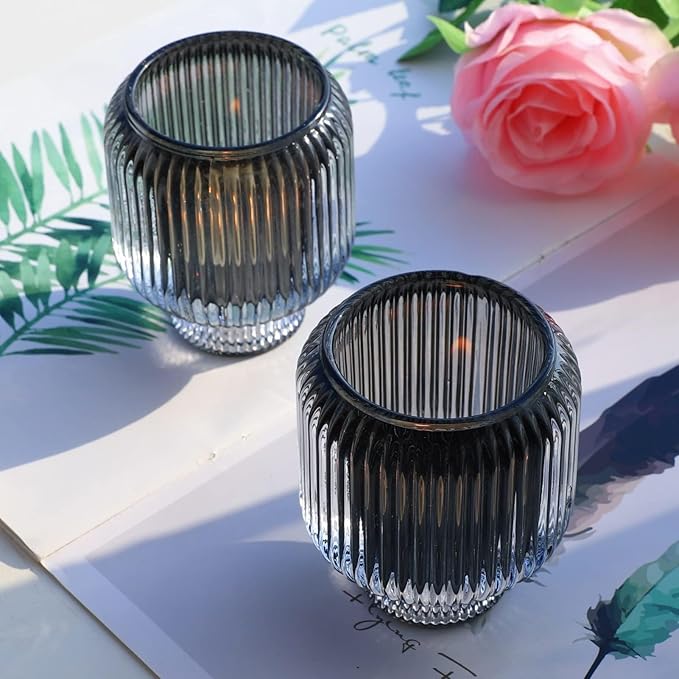Woho Grey Ribbed Votive Candle Holders Set of 4, Vintage Tea Lights Candle Holder for Daily Home Decor, Glass Tealight Candle Holder for Halloween/Thanksgiving Decor(Grey, 3.5'' Tall 3.1'' Diameter)