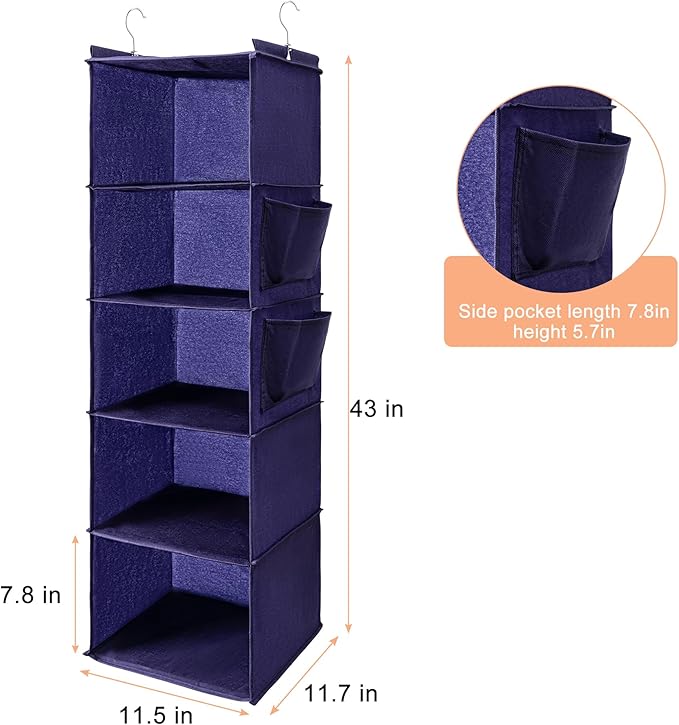 BOOMIBOO Hanging Closet Organize and Shelves,5-Hanging Shelf with 2 Side Pockets,Storage Foldable （Purple）