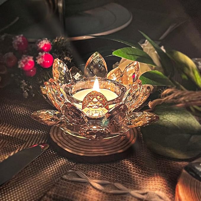 Crystal Lotus Flower Tealight Candle Holders/Glass Tea Light Candlestick Decor Decoration for Christmas Home Wedding Party… (Gold 1pc)