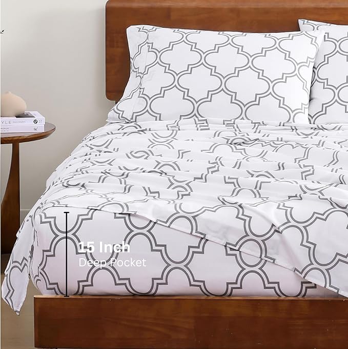 LANE LINEN Eco Friendly 100% Organic Cotton Printed Twin Sheet Set, Soft & Comfy Hotel Style Percale Sheets, Low Pilling Naturally Temperature Regulating Cotton Printed Bed Sheet - Trellis Pattern