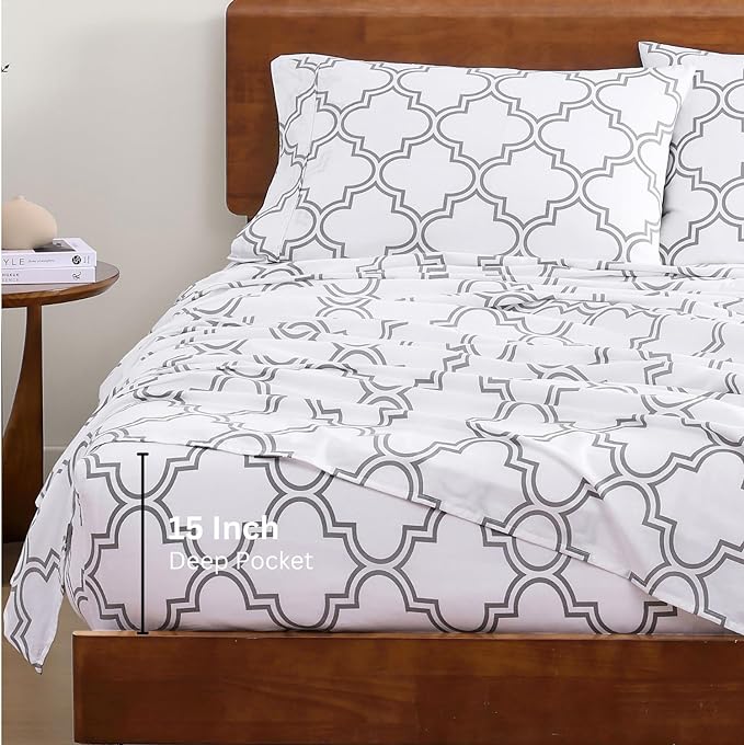 LANE LINEN 100% Organic Cotton Sheets RV Queen, 4-Piece Bed Sheets Short Queen Size Cotton, Luxury Sheets, Percale Weave,Breathable Bed Sheets RV Queen Size Deep Pockets Fits Upto 15"- Trellis Silver