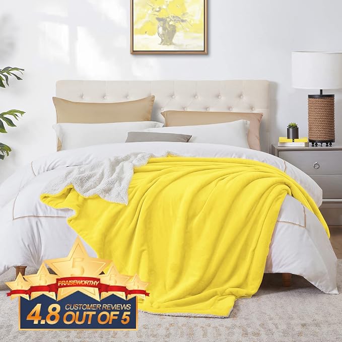 Walensee Sherpa Fleece Blanket (Twin Size 60”x80” Yellow) Plush Throw Fuzzy Super Soft Reversible Microfiber Flannel Blankets for Couch, Bed, Sofa Ultra Luxurious Warm and Cozy for All Seasons