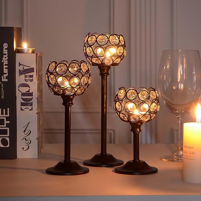 Crystal Metal Tealight Candlestick, Bling Bowl Candelabras, Tall Crystal Votive Candle Holders Elegant Crystal Candle Centerpiece for Dining Table Wedding Decor (Set of 3, Balck)