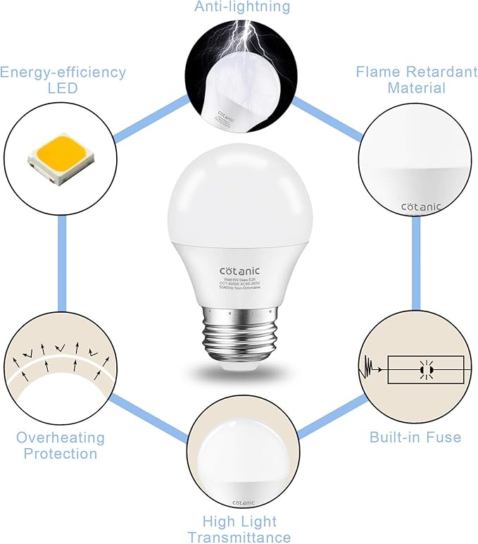 Cotanic A15 LED Bulb, Ceiling Fan Bulbs 6W (60W Equivalent),4000K Natural Daylight,E26 Standrad Base Light,600lm,CRI 80+ LED Globe Shape Bulb,Non-Dimmable,6 Packs