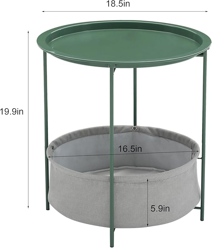 VECELO Round Side/End Table with Fabric Storage Basket，Metal Anti-Rust and Waterproof Small Bedside Nightstand with Removable Tray Top for Living Room，Balcony & Laundry，Dark Green /1pcs with Basket
