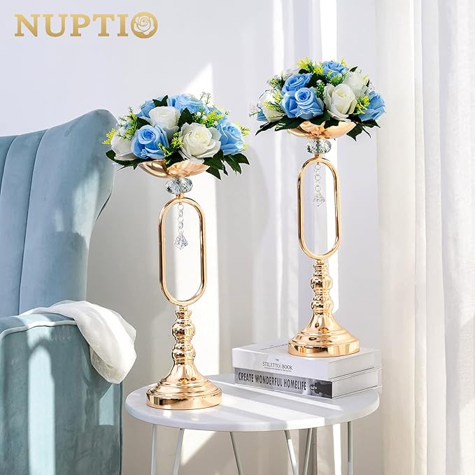 NUPTIO Pcs of 6 Fake Flower Ball Arrangement Bouquet,15 Heads Plastic Roses with Base, Suitable for Our Store's Wedding Centerpiece Flower Rack for Parties Valentine's Day Home Décor (Blue & White)