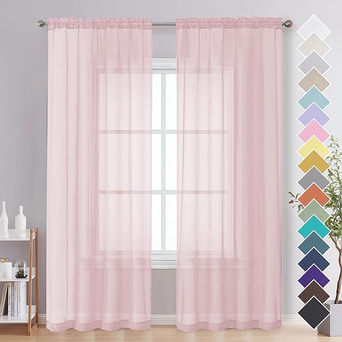 OVZME Blush Pink Sheer Curtains 84 Inches Long 2 Panels - Soft Light Filtering Window Sheer Panels for Living Room/Bedroom, Top Dual Rod Pocket, 1 Pair, Each 42Wx84L Inches