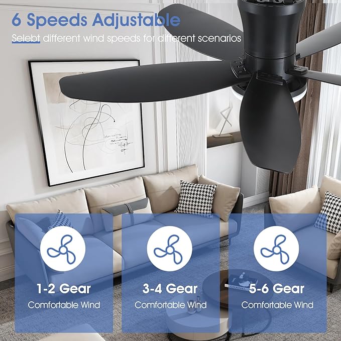 Flush Mount RGB Ceiling Fans with Lights-36 Low Profile Ceiling Fan with Light and Remote/APP Control,DC Reversible,LED Dimmable Blakc Ceiling Fans for Bedroom,Indoor/Outdoor Patio Use