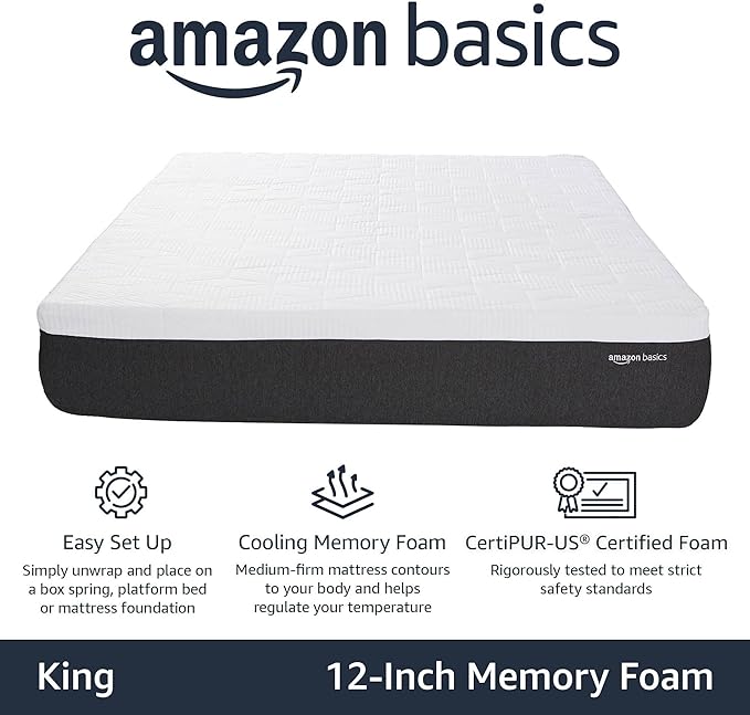 Amazon Basics Gel Memory Foam Mattress, Firm, Cooling, King Size Mattress, CertiPUR-US® Certified Foam, 80 x 76 x 12 inches, White/Dark Gray