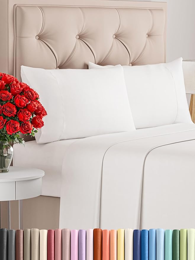 Twin XL 4 Piece Sheet Set - Comfy Breathable & Cooling - Soft Hotel Luxury Bedding Set with 8-16 Inch Deep Pockets - 1 Flat & 1 Fitted Sheet & 2 Pillowcases - Wrinkle Free & Easy Care - Antique White