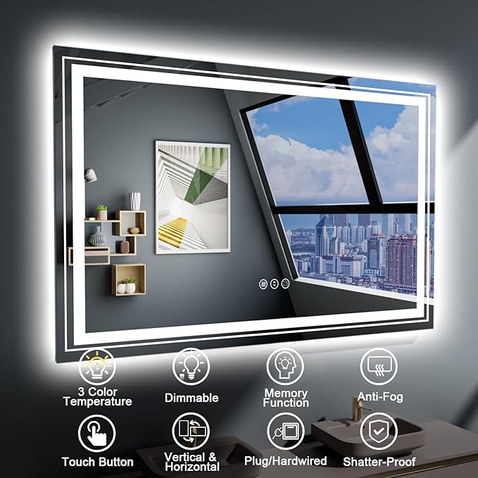 LED Bathroom Mirror, 32"X32" with Front and Backlit, Anti-Fog, Bathroom Vanity Mirror for Wall, Memory Function, Stepless Dimmable, Tempered Glass (Horizontal/Vertical)